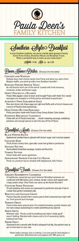 paula deen pigeon forge breakfast menu