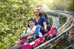mother and son riding on alpine coaster