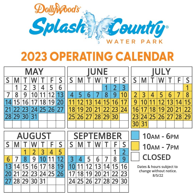 Splash Country Calendar and Schedule 2023 - Dollywood Water Park Pigeon Forge, TN
