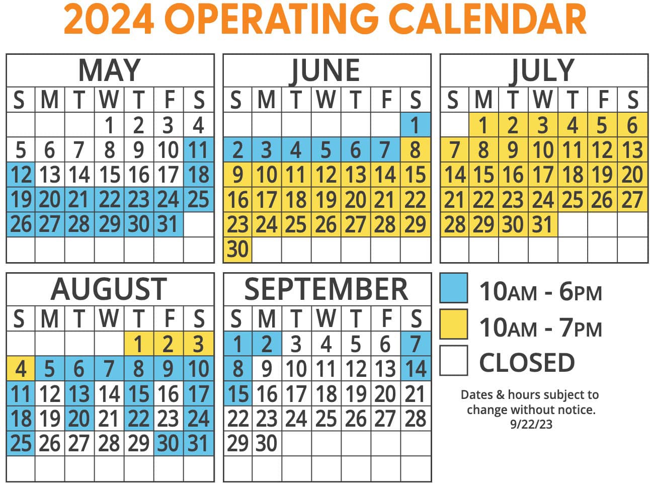 splash country calendar 2024 with open days and hours